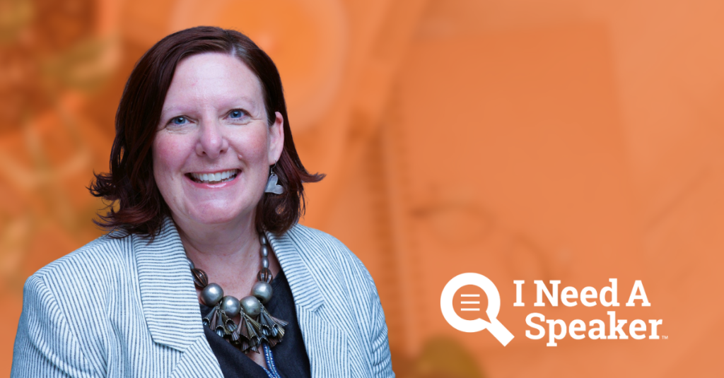 Headshot of Jeannine Luby, comedian and speaker, on an orange background with the I Need A Speaker Logo; De-Stress Before Speaking